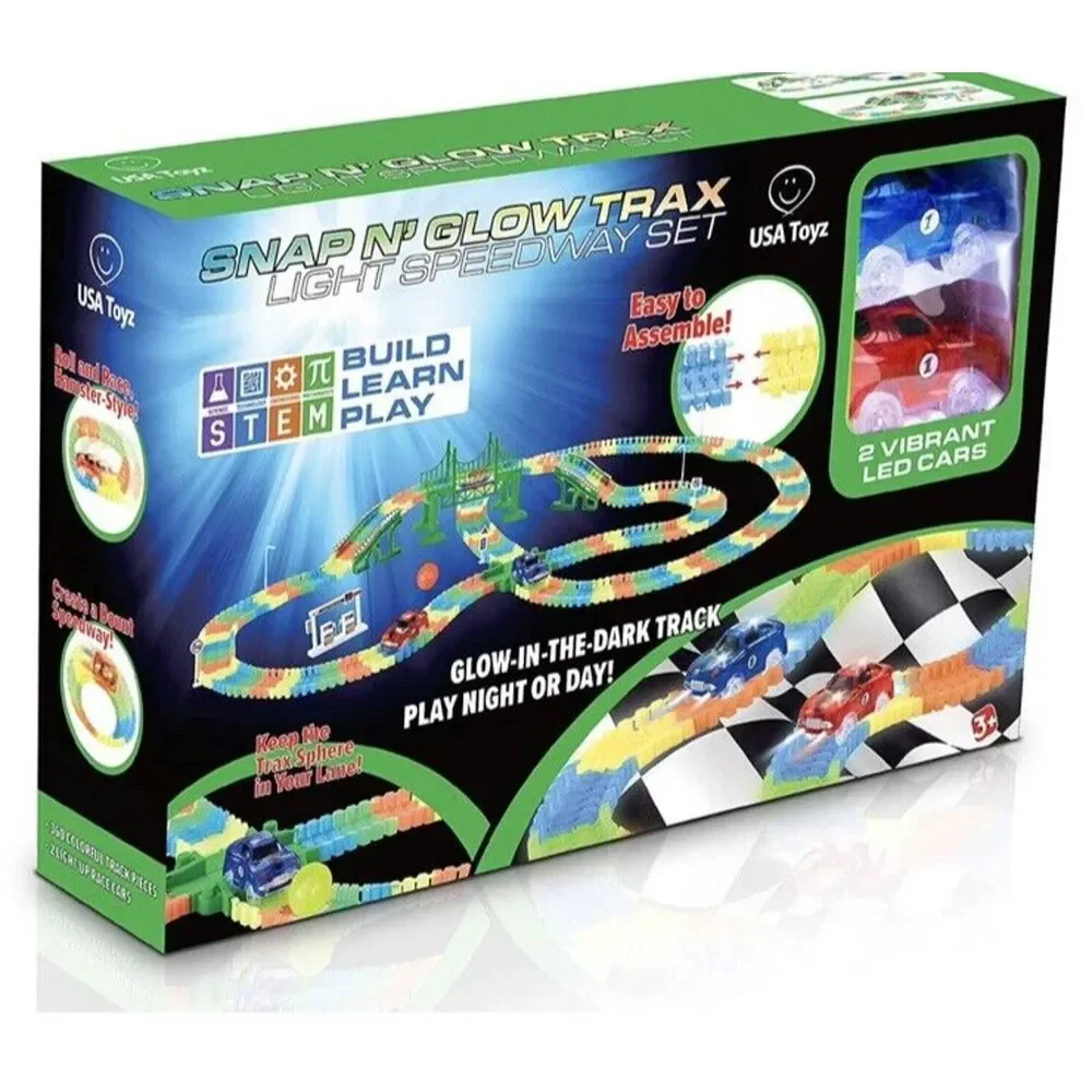 SNAP N GLOW TRAX LIGHT SPEEDWAY SET Racetrack 2 LED CARS Glow in the dark